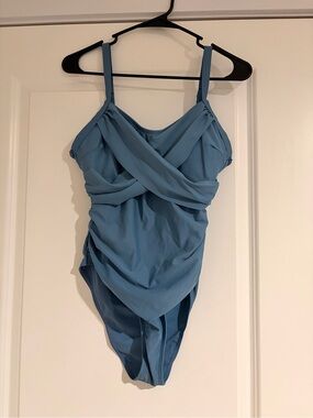 Women’s Blue One-Piece Swimsuit with Draped Front